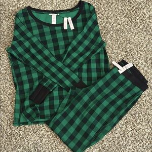 Victorias Secret Thermal Pajama Set in Buffalo Plaid Green and Black